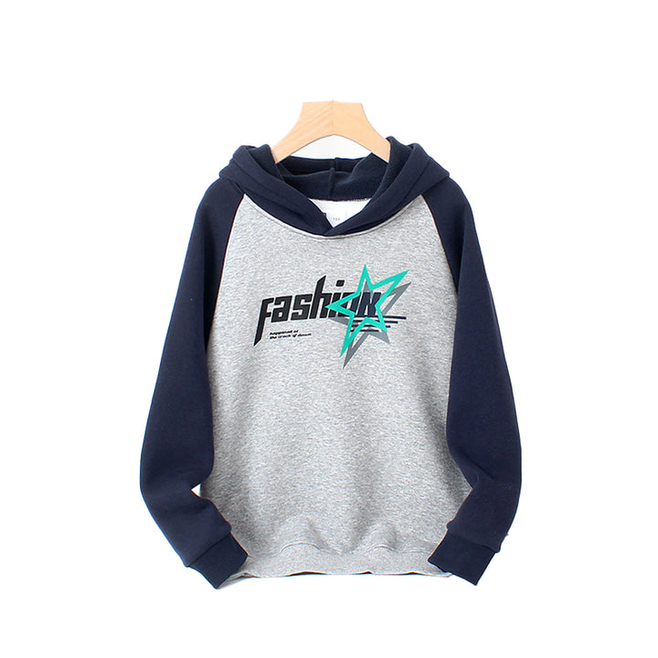 Girls Navy Blue Typography Printed Hooded Cotton Pullover Sweatshirt
