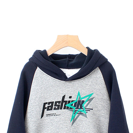 Girls Navy Blue Typography Printed Hooded Cotton Pullover Sweatshirt