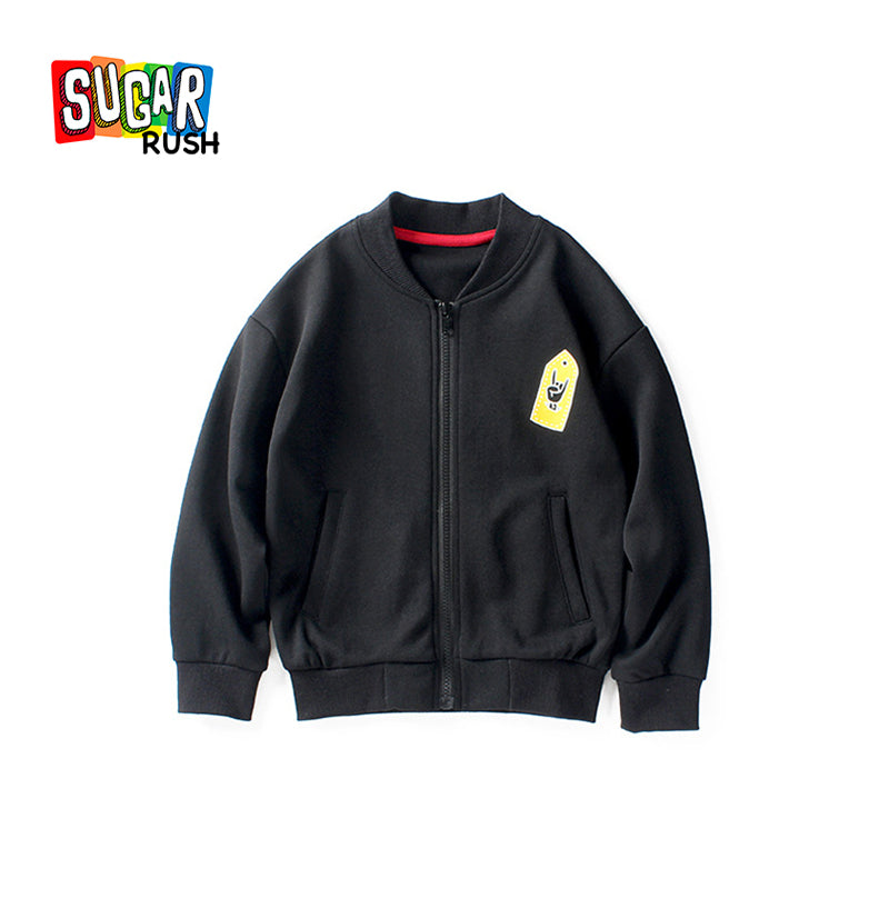 Boys Black Typography Printed Mock Collar Cotton Bomber Jacket