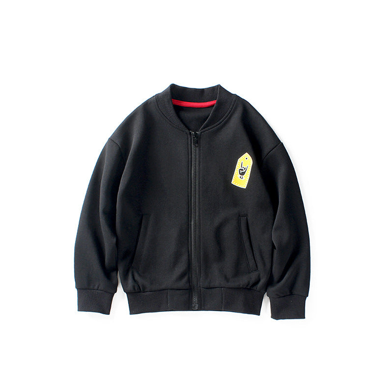 Boys Black Typography Printed Mock Collar Cotton Bomber Jacket