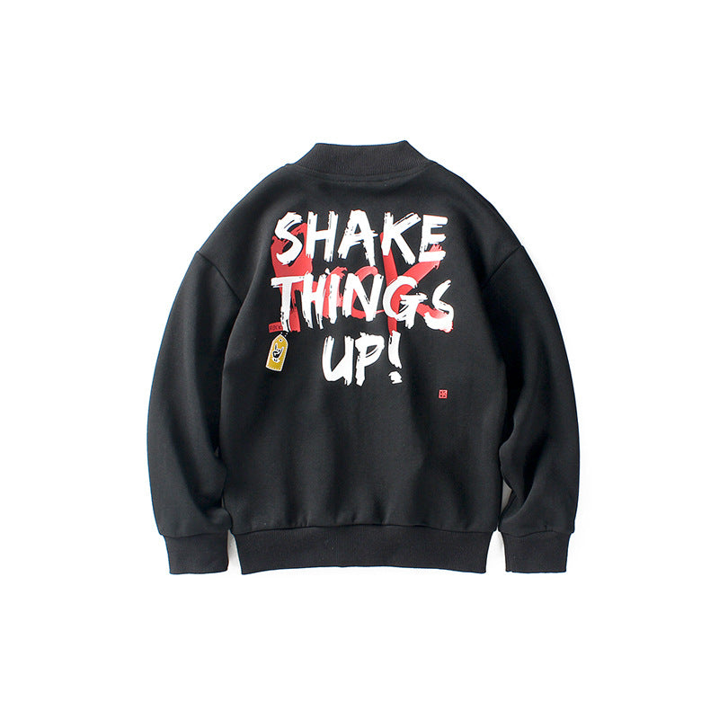 Boys Black Typography Printed Mock Collar Cotton Bomber Jacket