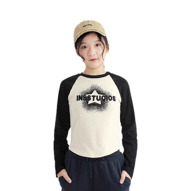 Girls Colourblocked Ragalan Sleeves Cotton T-Shirt