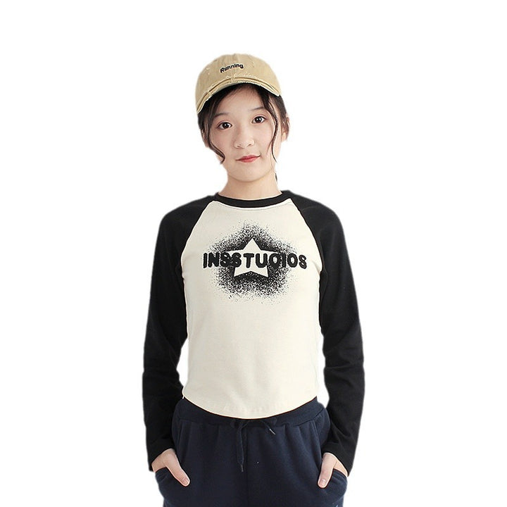 Girls Colourblocked Ragalan Sleeves Cotton T-Shirt