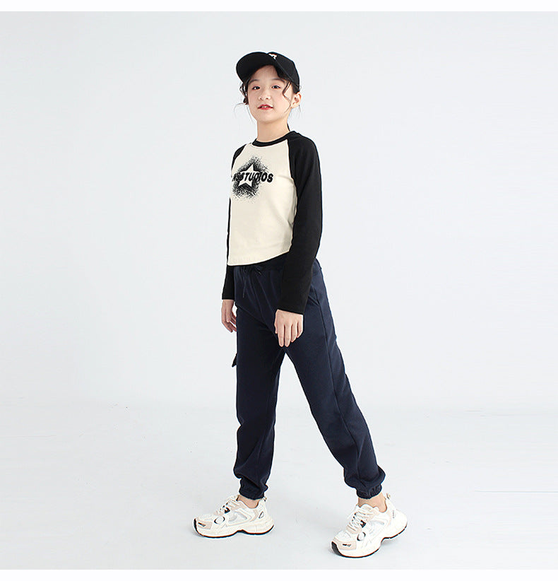 Girls Colourblocked Ragalan Sleeves Cotton T-Shirt