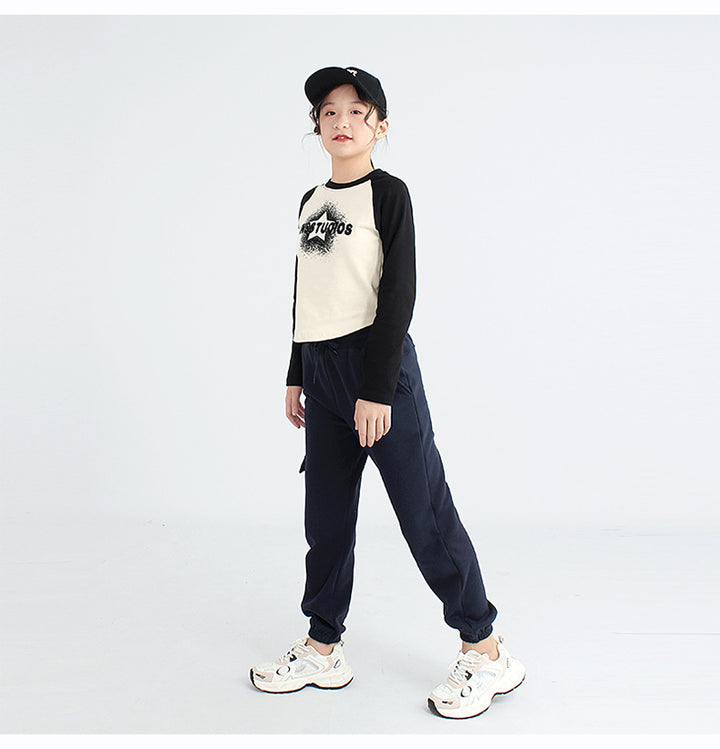 Girls Colourblocked Ragalan Sleeves Cotton T-Shirt