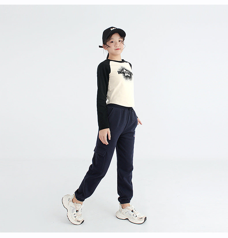 Girls Colourblocked Ragalan Sleeves Cotton T-Shirt