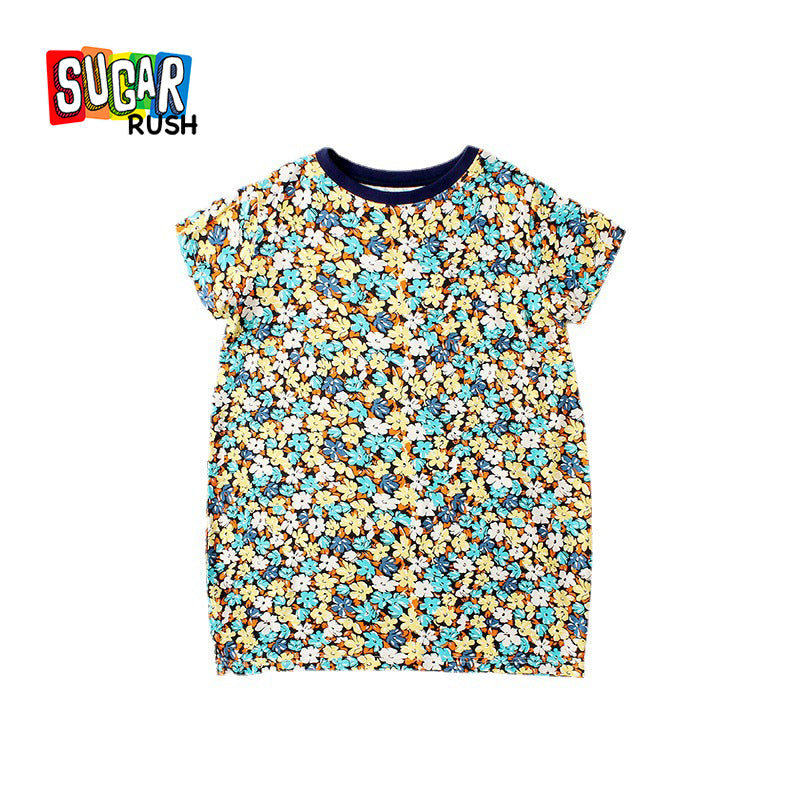 Girls Blue Floral Printed Round Neck Cotton T-shirt Dress