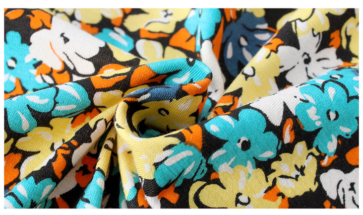 Girls Blue Floral Printed Round Neck Cotton T-shirt Dress