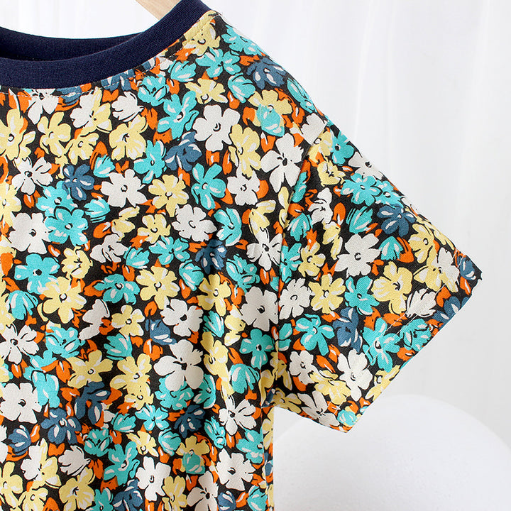 Girls Blue Floral Printed Round Neck Cotton T-shirt Dress