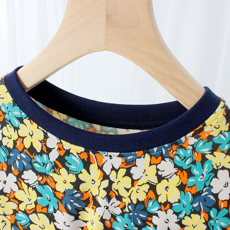 Girls Blue Floral Printed Round Neck Cotton T-shirt Dress