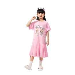 Girls Pink Conversational Print Layered Cotton A-Line Midi Dress