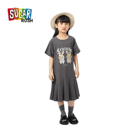 Girls Graphic Print Layered Cotton T-shirt Midi Dress