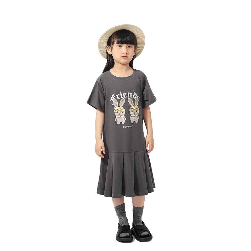 Girls Graphic Print Layered Cotton T-shirt Midi Dress