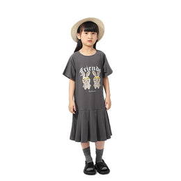 Girls Graphic Print Layered Cotton T-shirt Midi Dress
