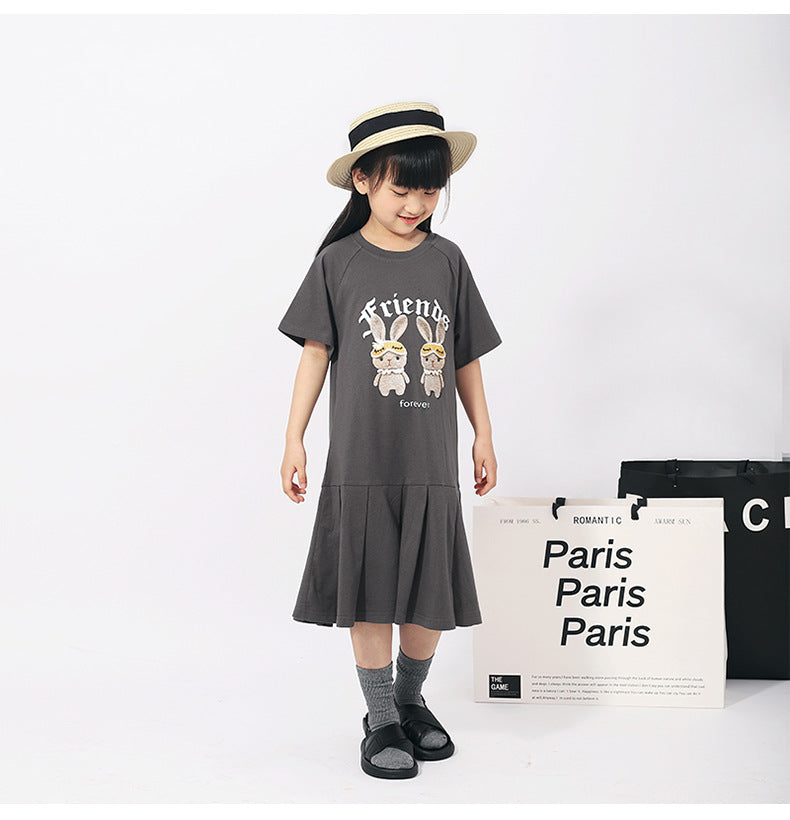Girls Graphic Print Layered Cotton T-shirt Midi Dress