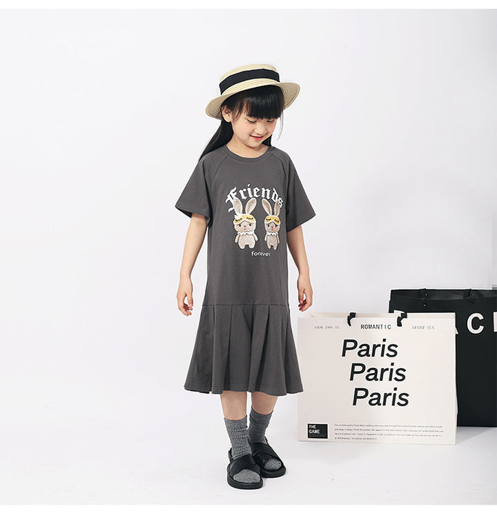 Girls Graphic Print Layered Cotton T-shirt Midi Dress