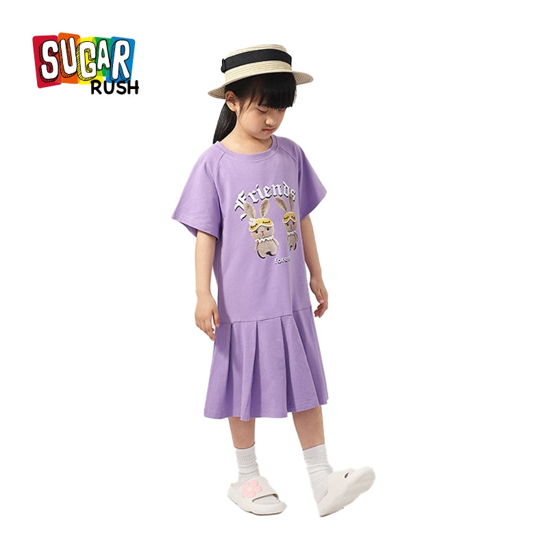 Girls Purple Graphic Printed Drop-Waist Midi Dress