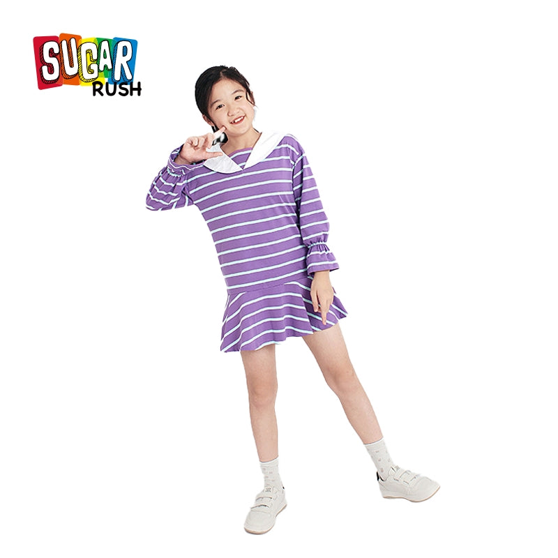 Purple Striped Bell Sleeves Drop-Waist Dress