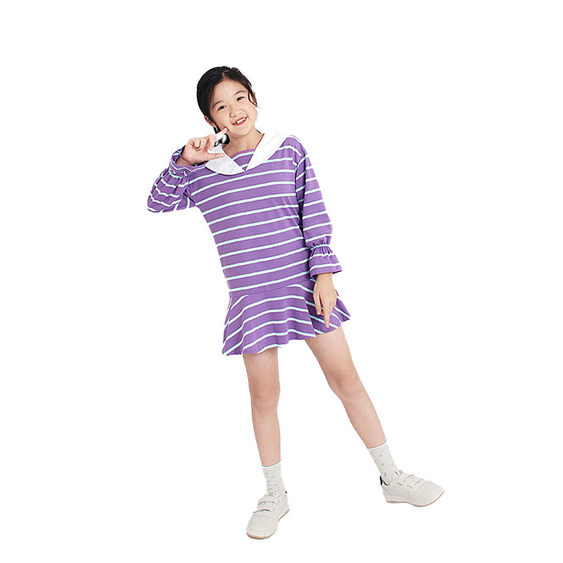 Purple Striped Bell Sleeves Drop-Waist Dress