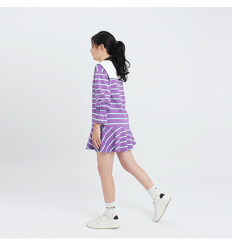 Purple Striped Bell Sleeves Drop-Waist Dress