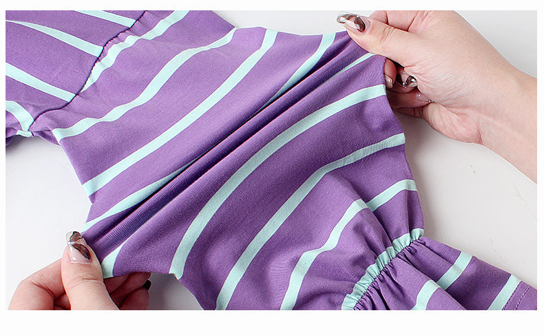 Purple Striped Bell Sleeves Drop-Waist Dress
