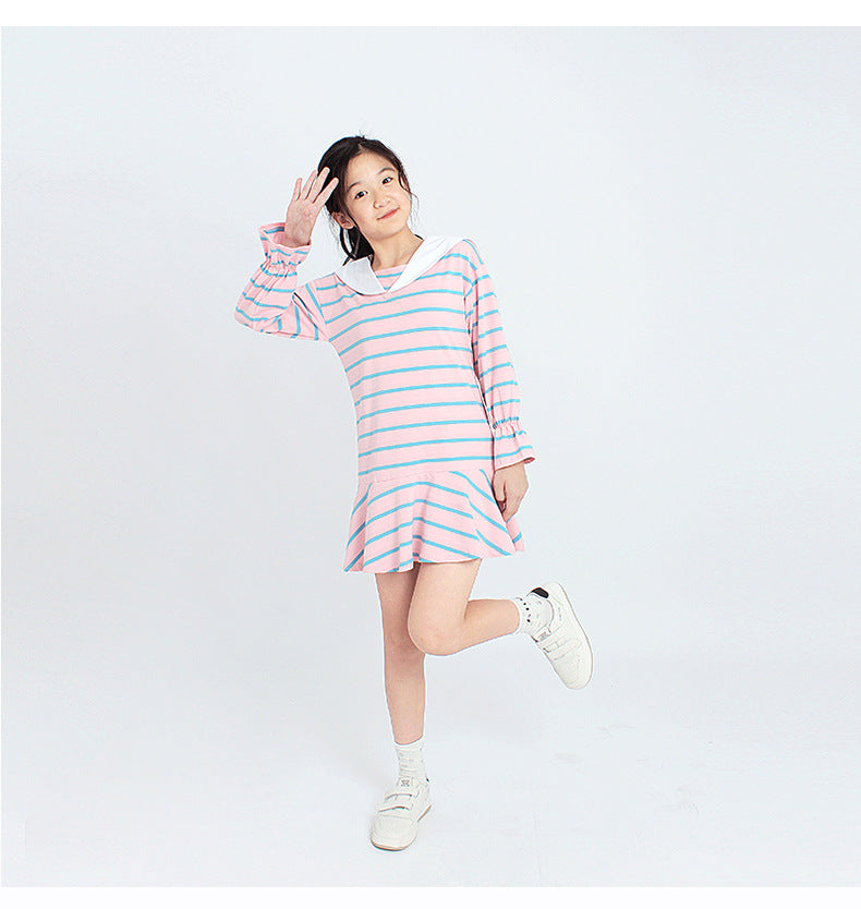 Girls Striped Sailor Collar A-Line Mini Dress