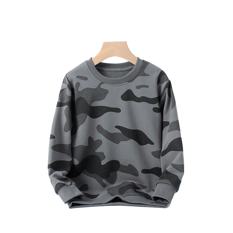 Boys Grey Camouflage Printed Cotton Pullover Sweatshirt