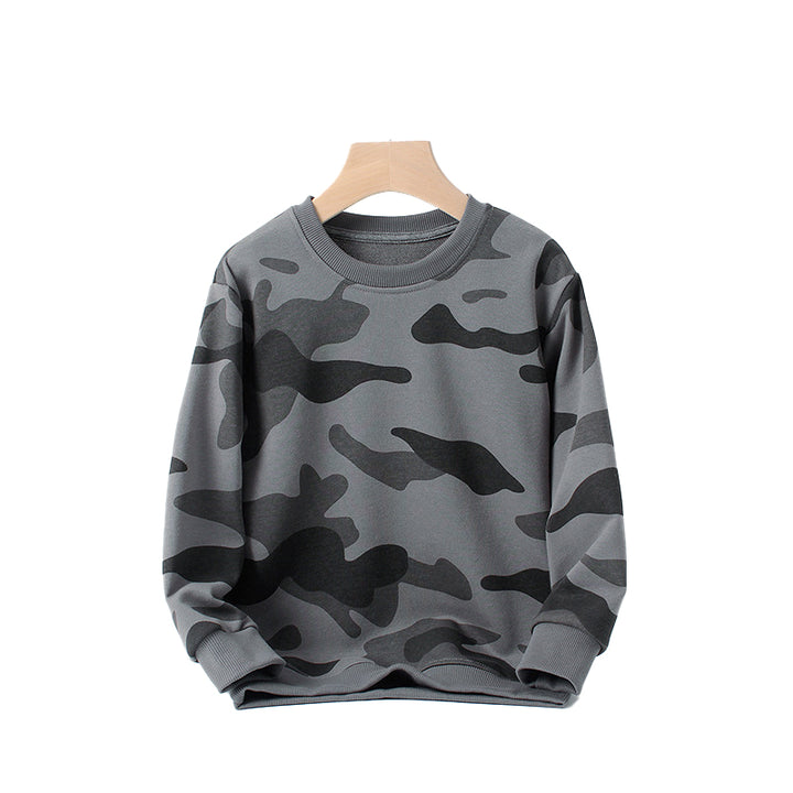 Boys Grey Camouflage Printed Cotton Pullover Sweatshirt