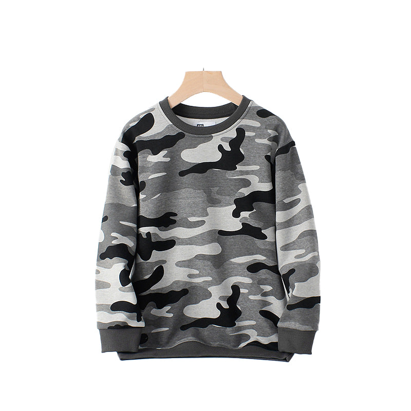 Boys Grey Camouflage Printed Cotton Pullover Sweatshirt