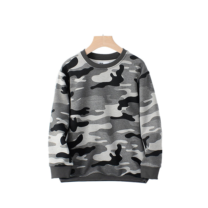 Boys Grey Camouflage Printed Cotton Pullover Sweatshirt
