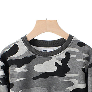 Boys Grey Camouflage Printed Cotton Pullover Sweatshirt