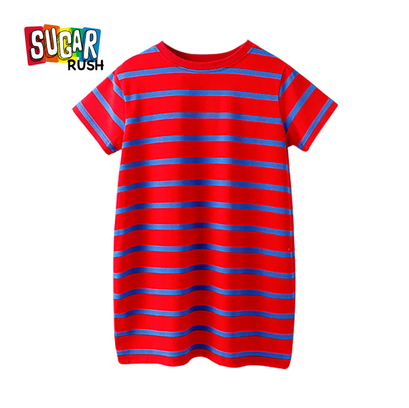 Red & Navy Blue Striped T-Shirt Dress