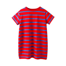 Red & Navy Blue Striped T-Shirt Dress
