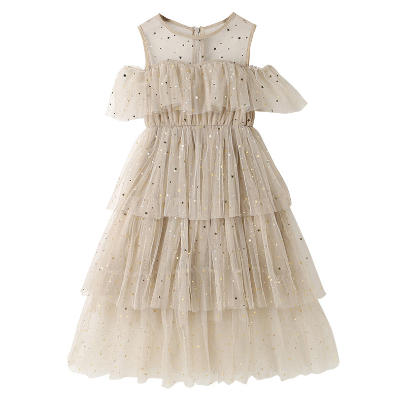 Beige Girls Embellished Cold-Shoulder Layered Fit & Flare Maxi Dress