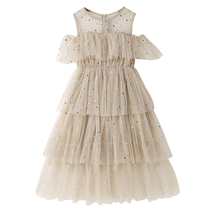 Beige Girls Embellished Cold-Shoulder Layered Fit & Flare Maxi Dress