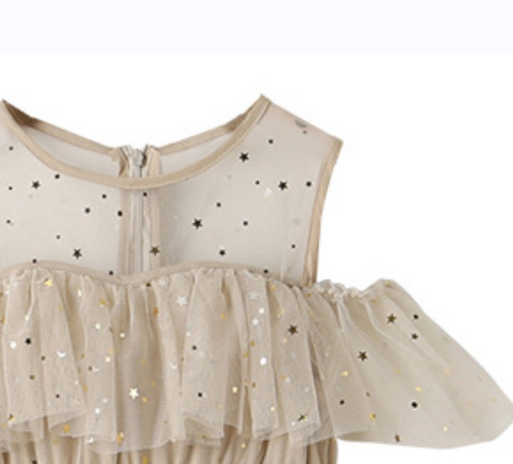 Beige Girls Embellished Cold-Shoulder Layered Fit & Flare Maxi Dress