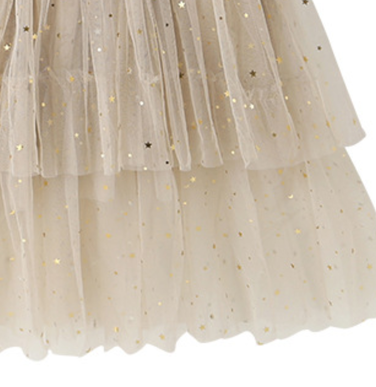 Beige Girls Embellished Cold-Shoulder Layered Fit & Flare Maxi Dress