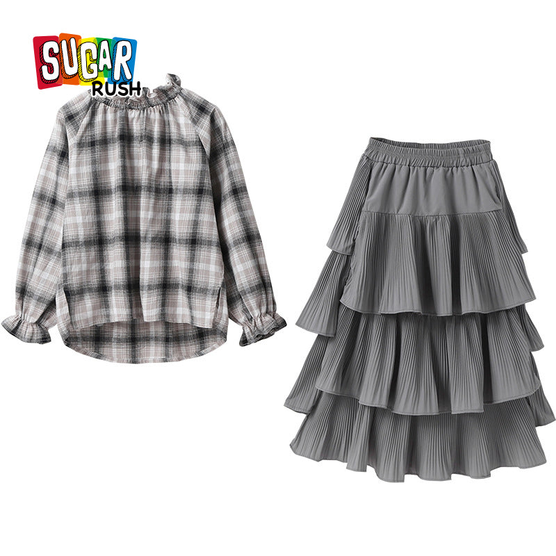 Girls Grey Checked Top With Skirt