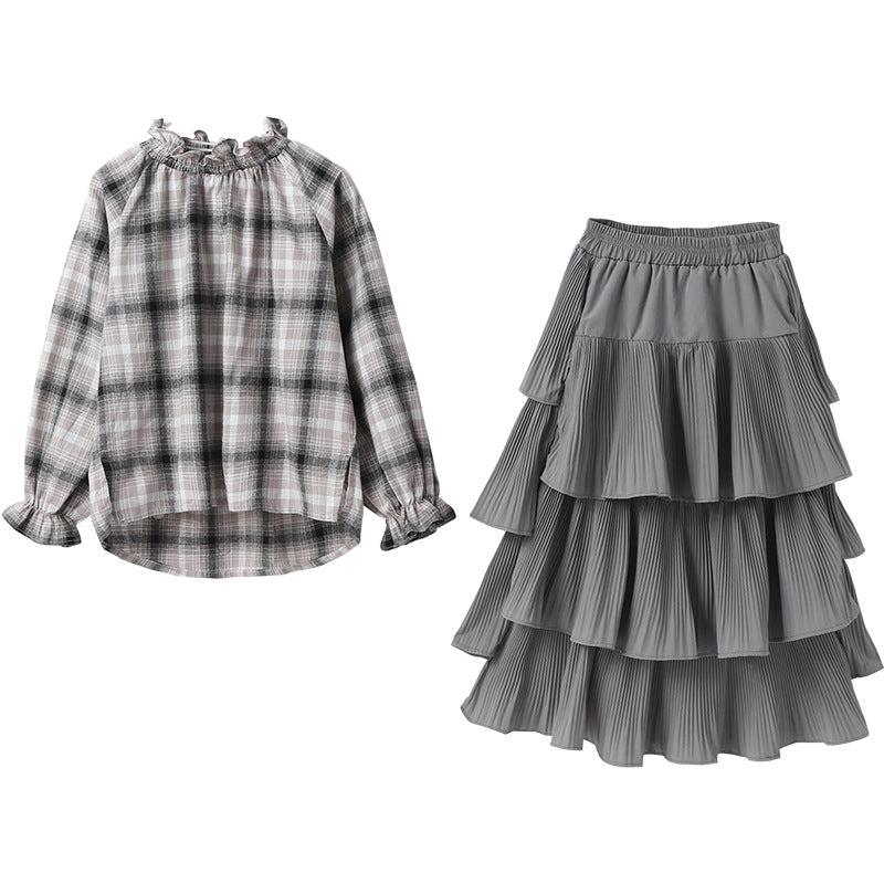 Girls Grey Checked Top With Skirt