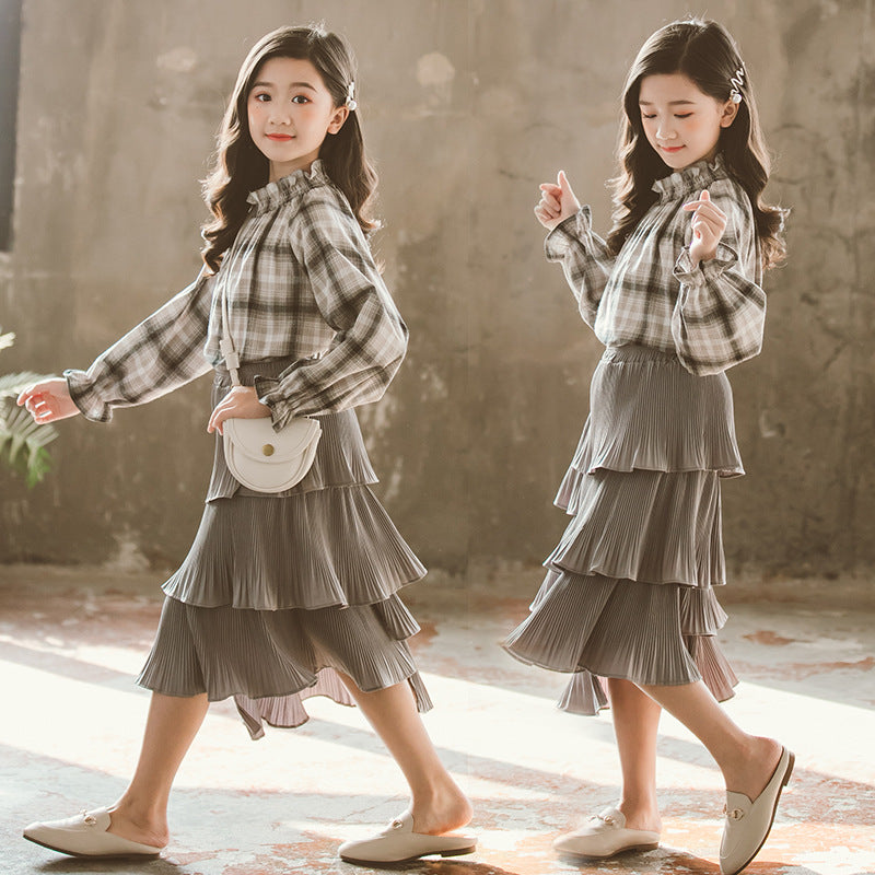 Girls Grey Checked Top With Skirt