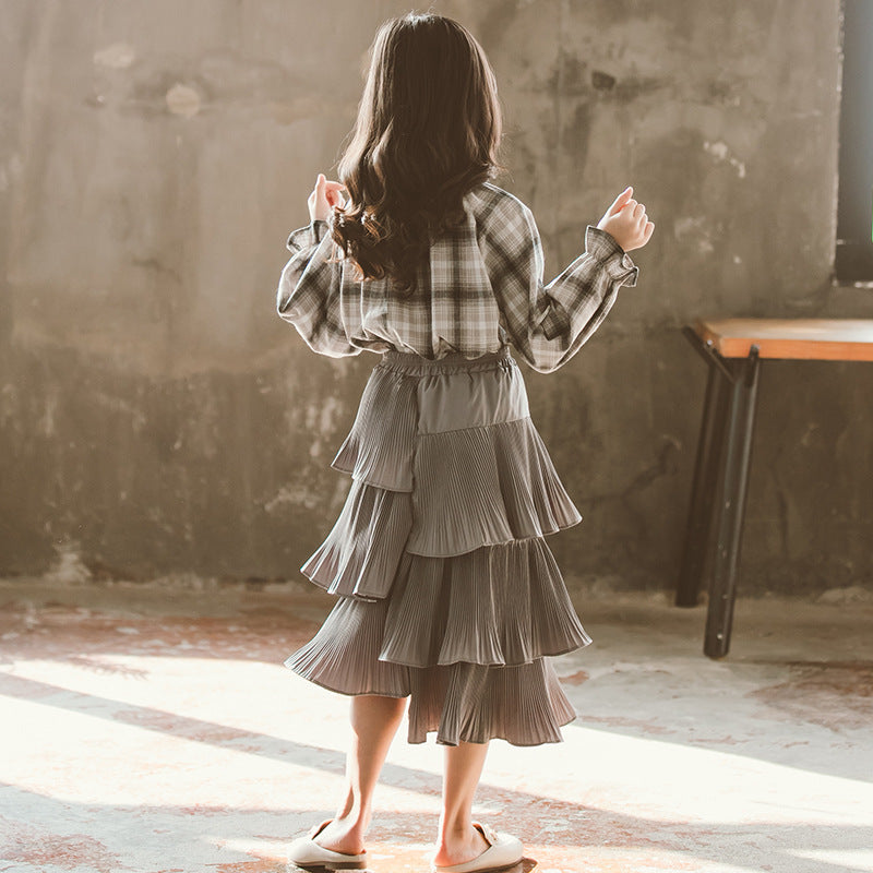 Girls Grey Checked Top With Skirt
