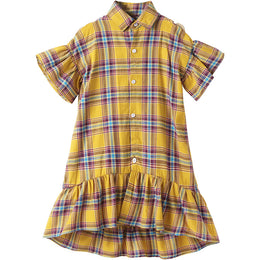 Girls Checked Shirt Collar Cold-Shoulder Layered Shirt Dress