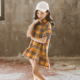 Girls Checked Shirt Collar Cold-Shoulder Layered Shirt Dress