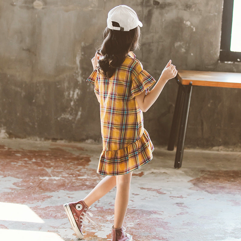 Girls Checked Shirt Collar Cold-Shoulder Layered Shirt Dress