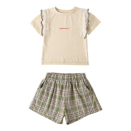 Girls Beige Round Neck Pure Cotton Top With Short