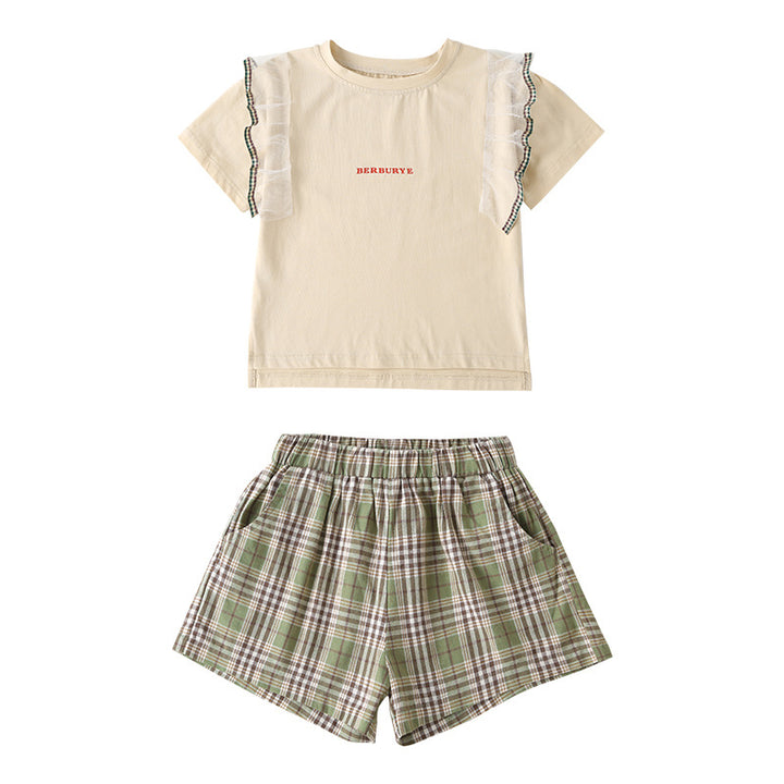 Girls Beige Round Neck Pure Cotton Top With Short