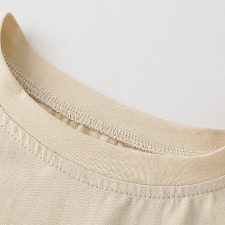 Girls Beige Round Neck Pure Cotton Top With Short