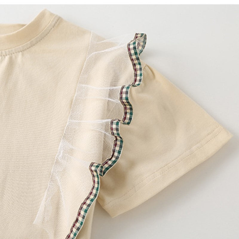 Girls Beige Round Neck Pure Cotton Top With Short