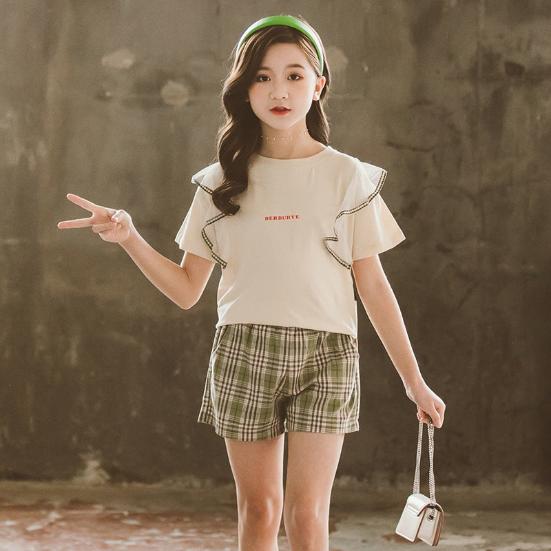 Girls Beige Round Neck Pure Cotton Top With Short