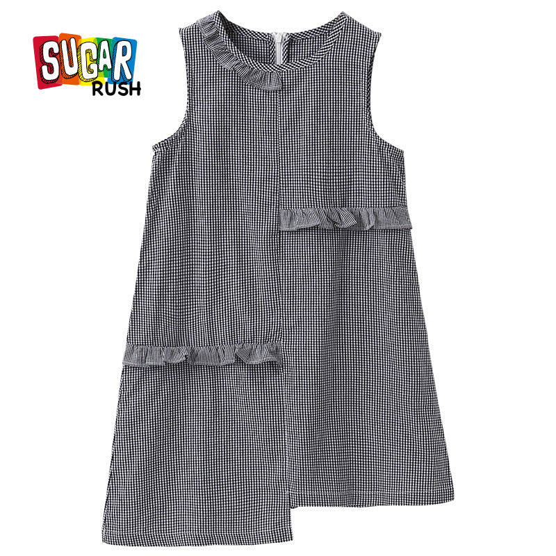 Girls Black Geometric Printed Round Neck Ruffles Cotton A-Line Dress